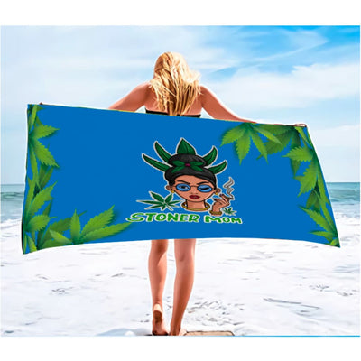 Uniquely designed stoner mom beach towel with cannabis leaf pattern and cartoon woman