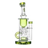 Intricate Calibear Glass Straight Fab Klein water pipe with green accents and chambers