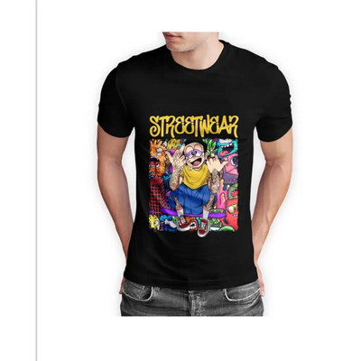 Street wear half sleeve black T-shirt with trendy cartoon graphic for stylish street wear