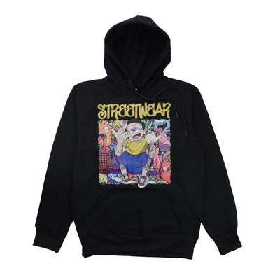 Stylish streetwear hoodie with colorful cartoon graphic and STREETWEAR text front view