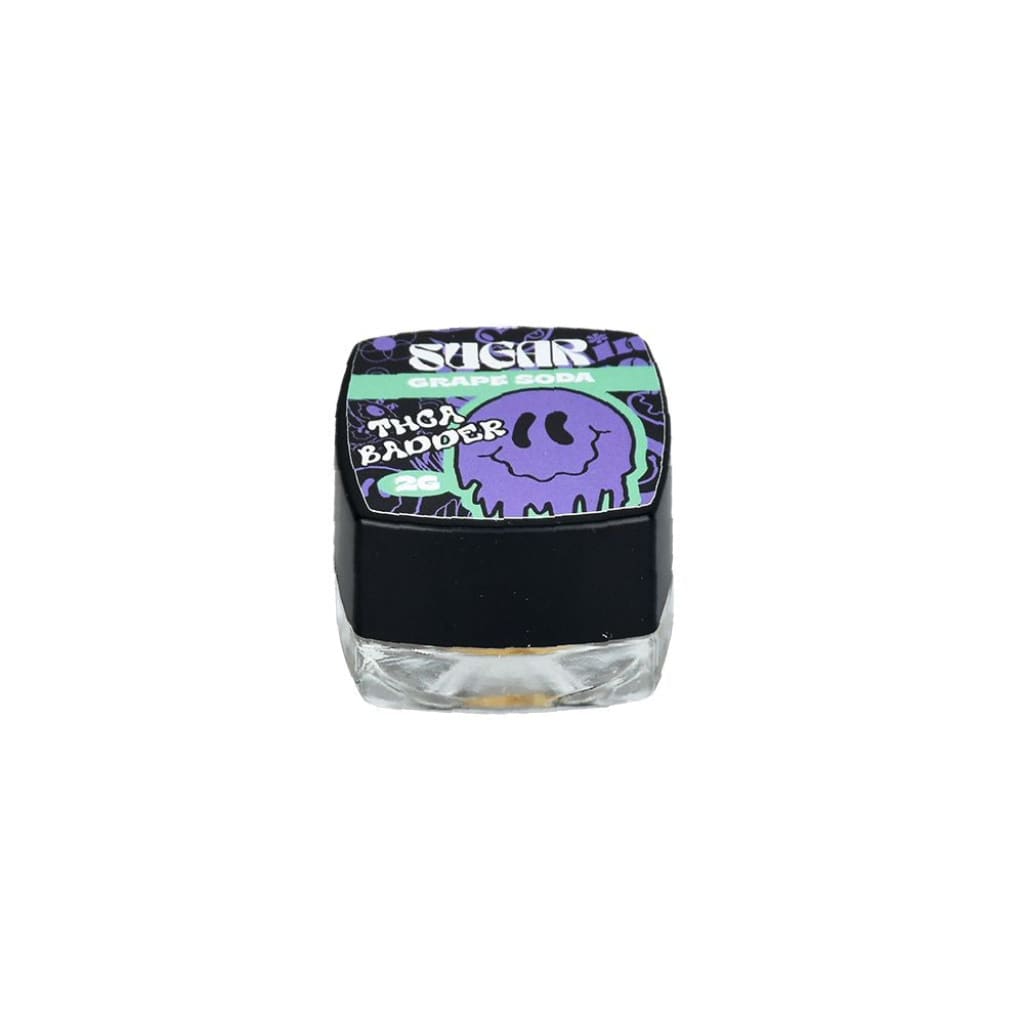 Small Glass Jar Of Thca Badder With Live Resin Terpenes Featuring a Melting Smiley Face Label
