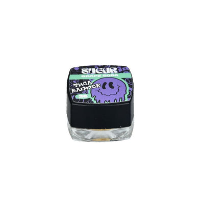 Small Glass Jar Of Thca Badder With Live Resin Terpenes Featuring a Melting Smiley Face Label