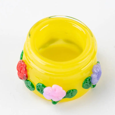 Sunshine Garden terp jar by Empire Glassworks with vibrant yellow glass and colorful floral decorations