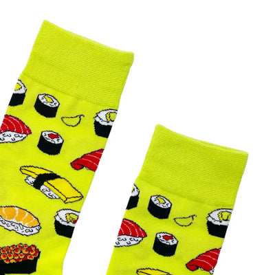 Sushi-patterned yellow socks offering a durable, comfortable fit for all sizes
