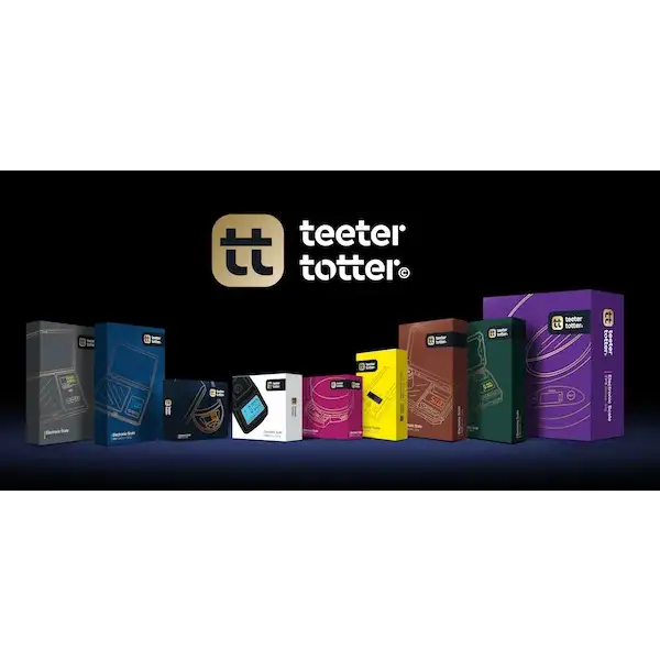 Teeter totter scales game boxes in vibrant colors
