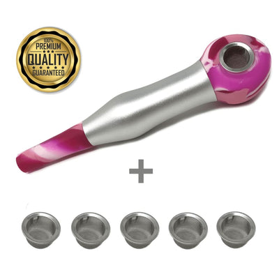 Metal and pink smoking pipe with incredible coughless technology for smooth, cool hits