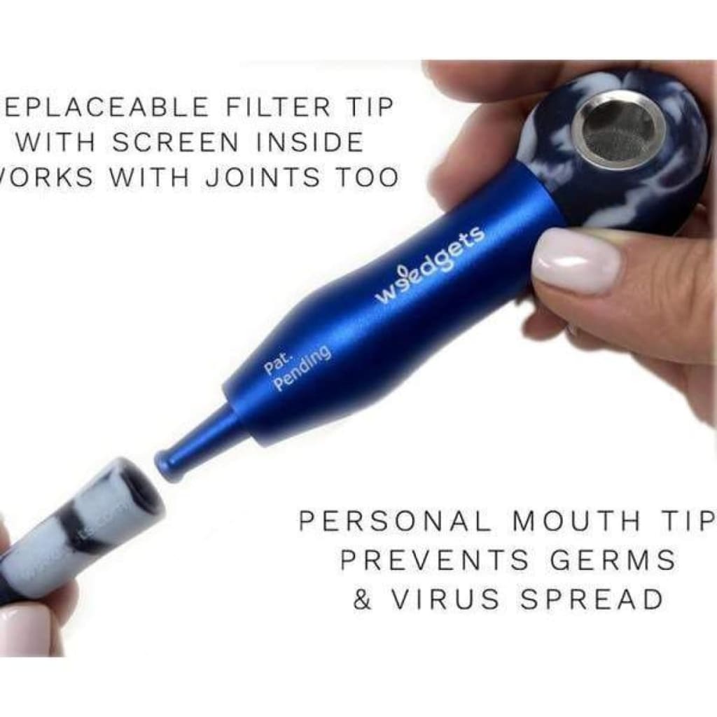 Blue metal mouth tip with replaceable filter by Incredible Coughless Technology