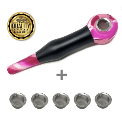 Pink and black smoking pipe with metal bowl featuring incredible coughless technology inside