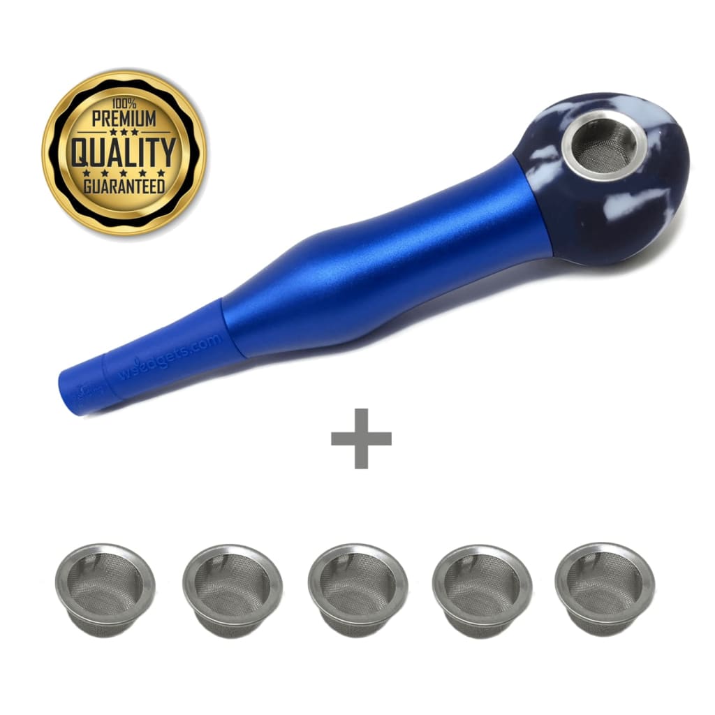 Blue and black metal smoking pipe with incredible coughless technology and additional bowl inserts