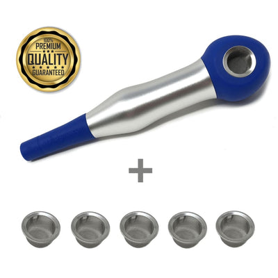Metal and blue curved smoking pipe with coughless technology for cool, smooth hits