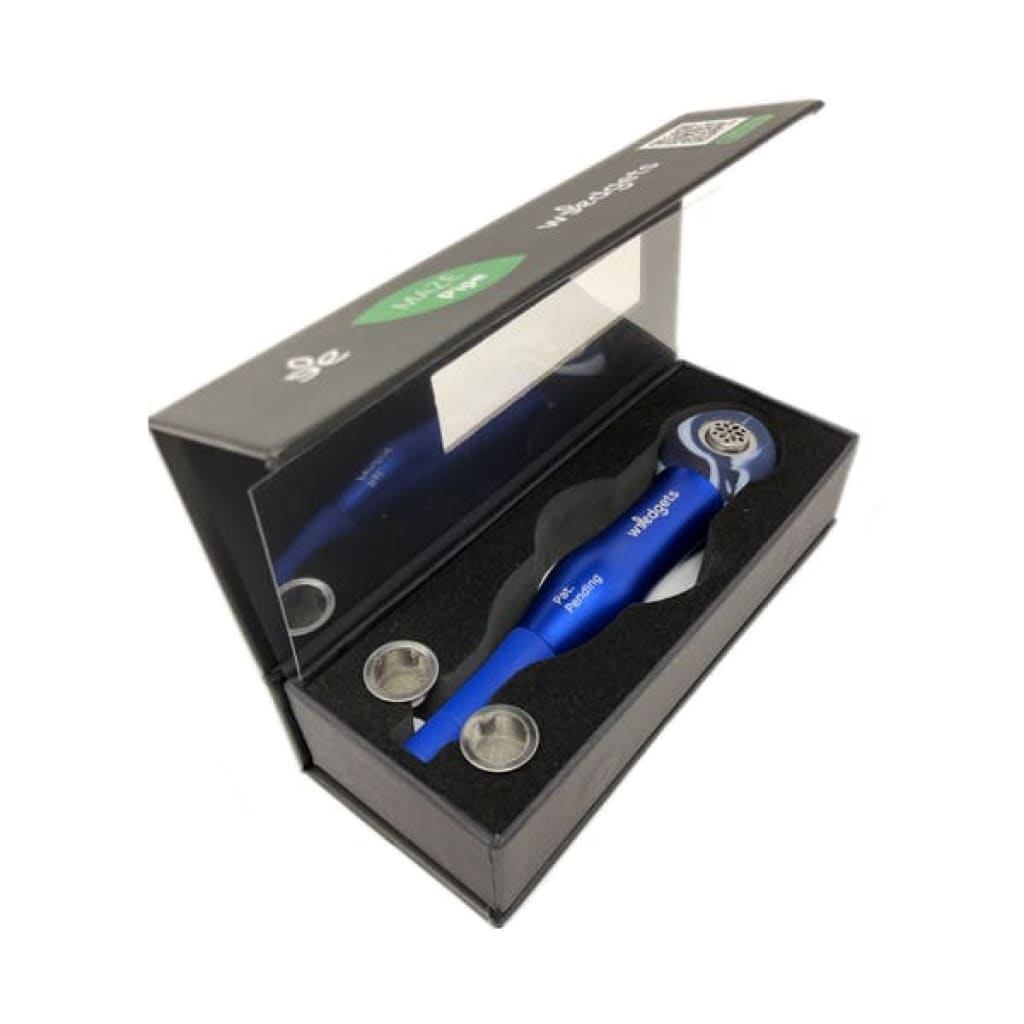 Blue metal vaporizer with incredible coughless technology in open display box