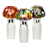 Colorful glass mushroom-shaped pipe bowls with white stems in a Threadheads hemp backpack