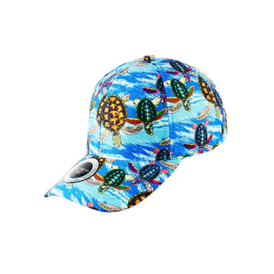 Blue turtle ocean print baseball hat snapback with turtle pattern and ocean-themed design