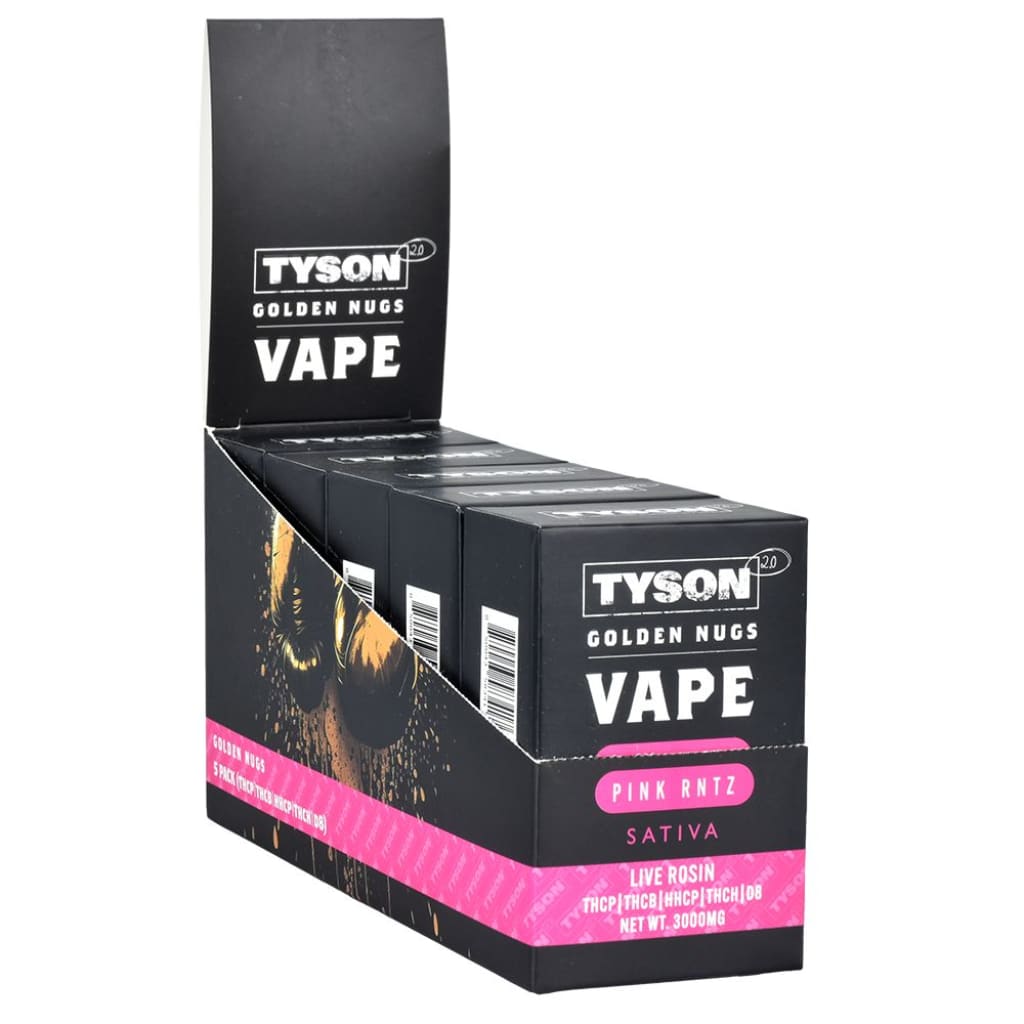 Display box featuring Tyson 2.0 Live Rosin Disposable Vape Golden Nugs in Pink Rntz Sativa flavor