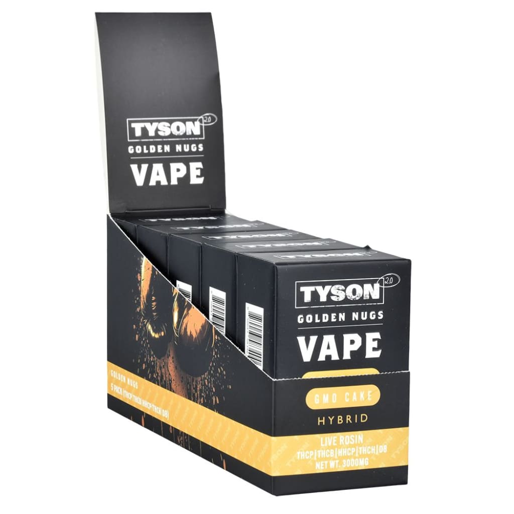 Display box of Tyson 2.0 Live Rosin Disposable Vape 3g with Golden Nugs Live packages