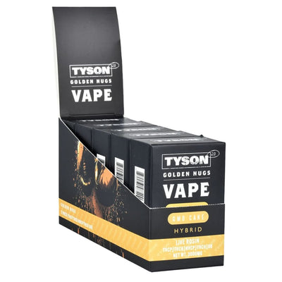 Display box of Tyson 2.0 Live Rosin Disposable Vape 3g with Golden Nugs Live packages
