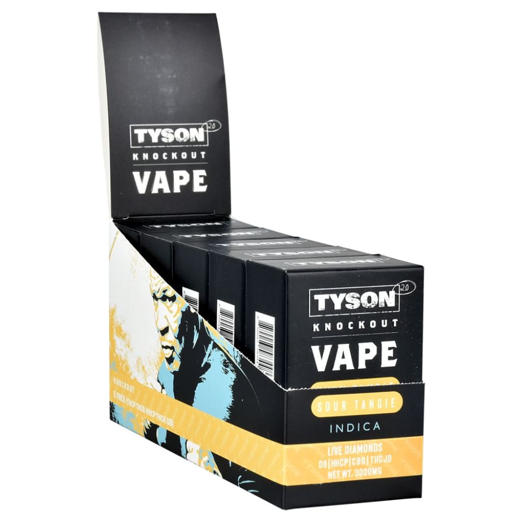Display box of Tyson 2.0 Knockout Live Diamonds disposable vapes in black and yellow packaging