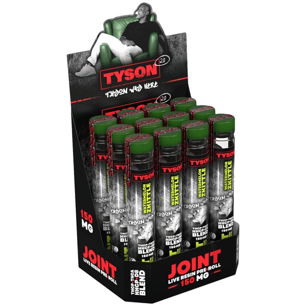 Live Resin Pre-roll Joint 150mg THC branded as Tyson in a reusable tin display case