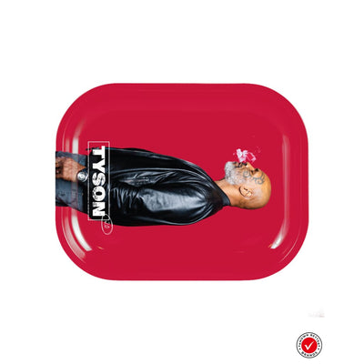 Red rolling tray featuring stylized person in black jacket with ‘TYSON’ text - Tyson 2.0