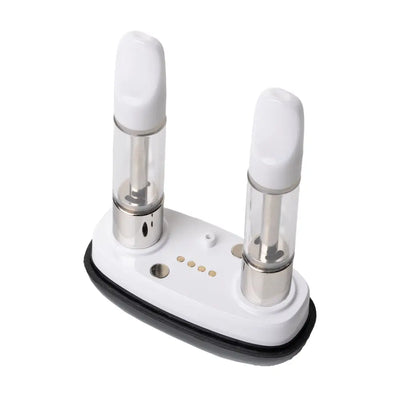 Dual vape cartridge charging dock for Veil Bar Duo with hemp wraps and water pipe attachment