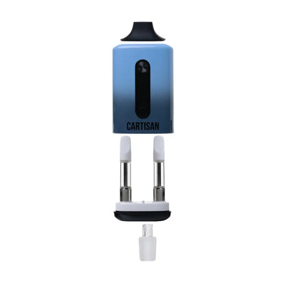 Blue and black Veil Bar Duo vaporizer with water pipe attachment and two cartridges