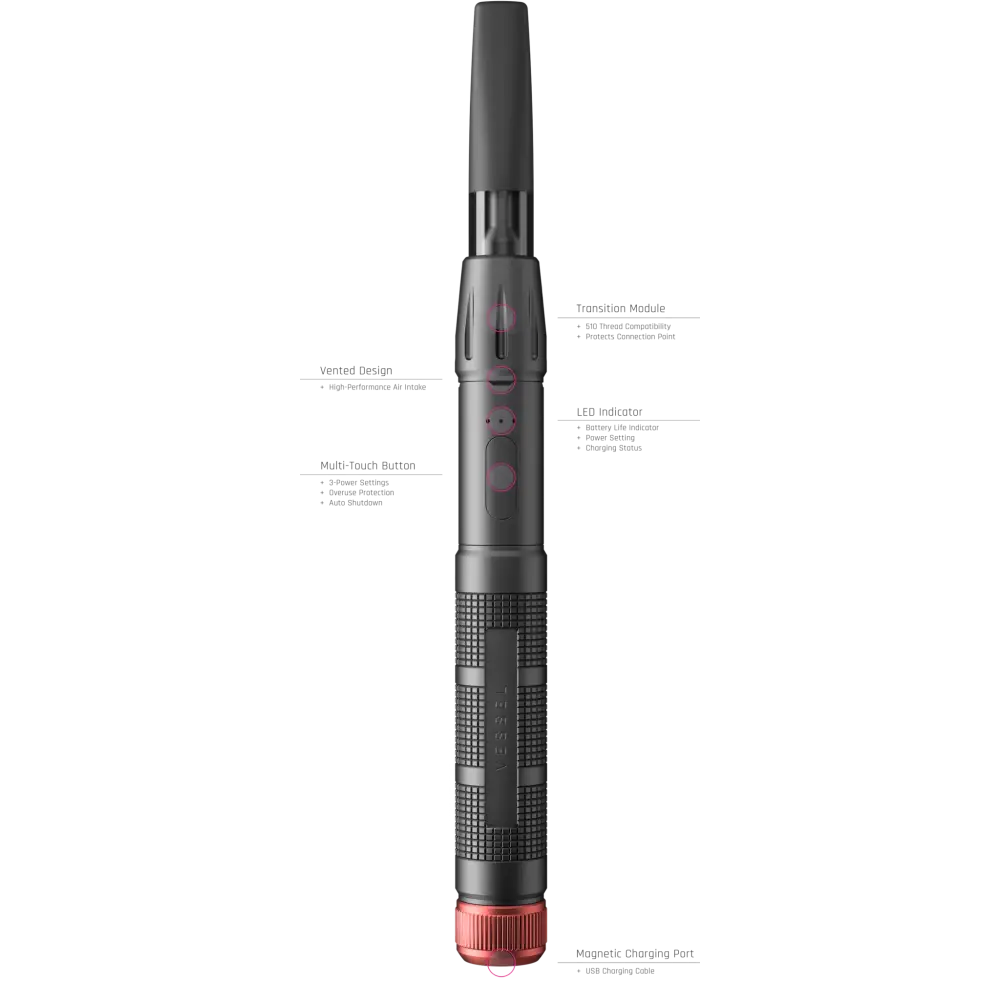 Vessel cartridge battery with black red laser pointer textured grip