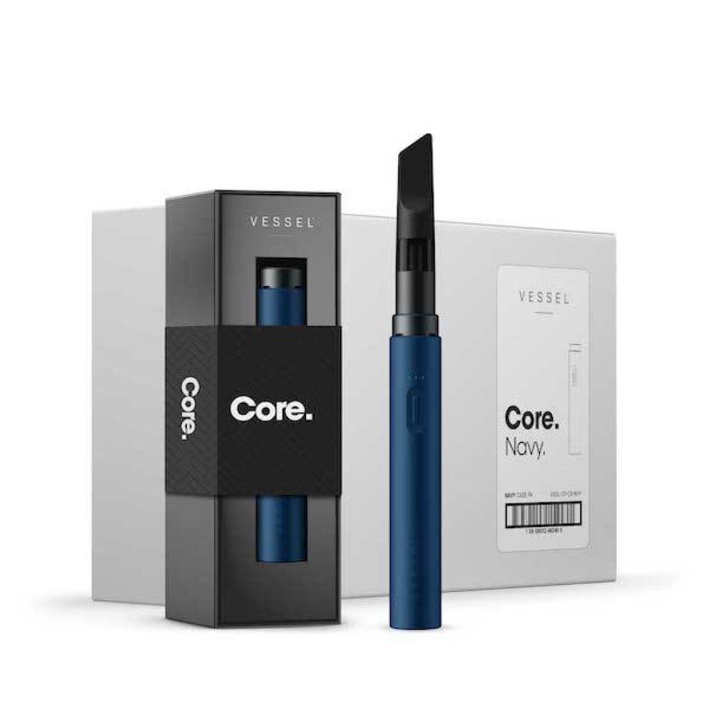 Navy blue vape pen showcasing Vessel Core Cartridge Battery with technical precision
