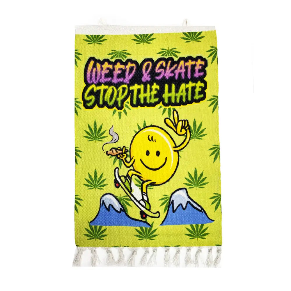 Vibrant weed skate wall art tapestry featuring a cartoon character making peace sign