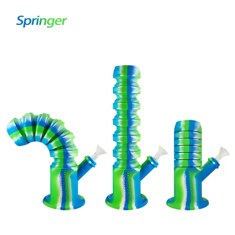 Three Waxmaid Springer Collapsible Silicone Water Pipes with Blue and Green Swirls
