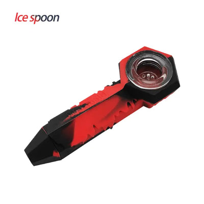 Red and black Waxmaid Freezable Silicone Ice Spoon Pipe with glass lens for summer sessions