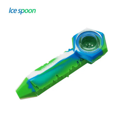 Glass pipe with blue and green swirls in Waxmaid Freezable Silicone Ice Spoon Pipe