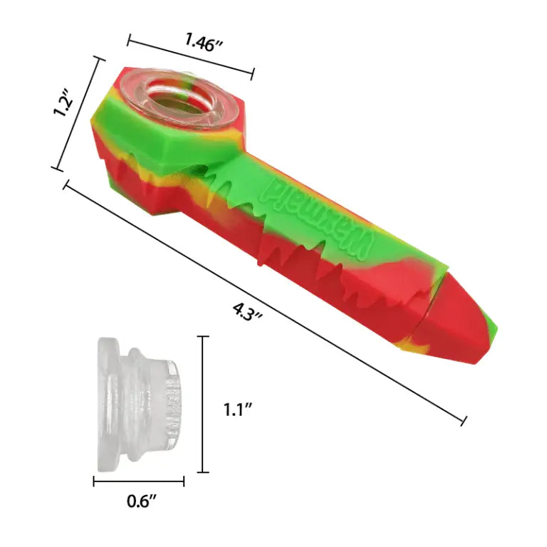 Red and green Waxmaid Freezable Silicone Ice Spoon Pipe with measurement annotations