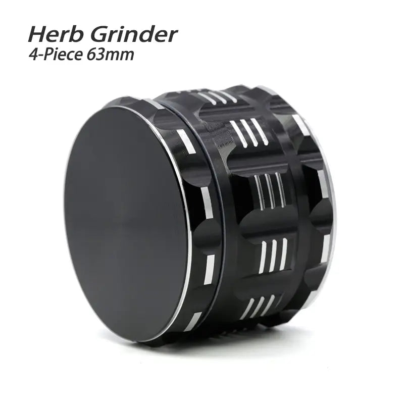 Black 63mm Waxmaid 4-piece Polygon Herb Grinder with geometric cutouts for easy use