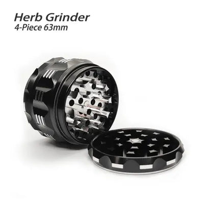 Black 63mm Waxmaid 4-piece Polygon Herb Grinder with sharp teeth and perforated chambers