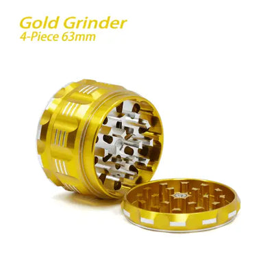 Gold-colored Waxmaid 4-piece Polygon Herb Grinder with sharp teeth and silver edge design