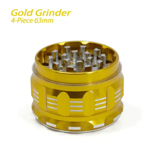 Gold Waxmaid 4-piece Polygon Herb Grinder with Silver Edge Design and ventilation slots