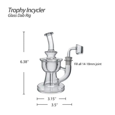 Clear glass dab rig with dimensions featuring trophy incycler glass and quartz banger for travel