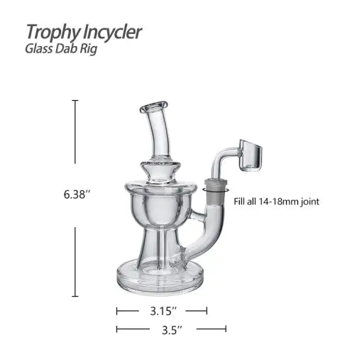 Clear glass dab rig with dimensions featuring trophy incycler glass and quartz banger for travel