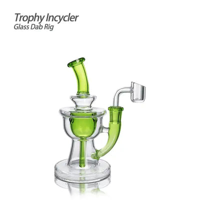 Green glass dab rig with trophy incycler glass and quartz banger for portable dabbing