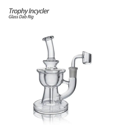 Clear glass dab rig with trophy incycler glass and quartz banger for travel and camping