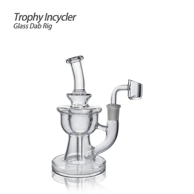 Clear glass dab rig with trophy incycler glass and quartz banger for travel and camping