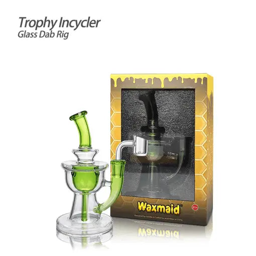 Green glass dab rig with trophy incycler glass and quartz banger for travel and camping
