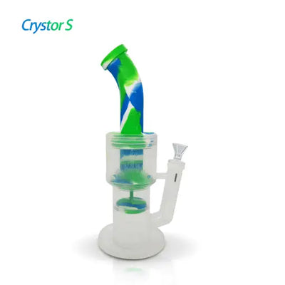 Green, blue, and white Waxmaid Crystor Double Percolator Water Pipe with Ice Catcher