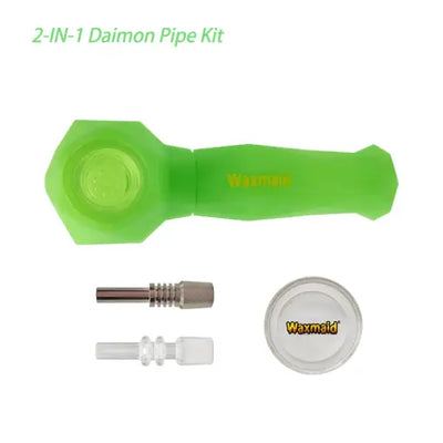 Green silicone pipe kit featuring Waxmaid Daimon 2-in-1 hand pipe and nectar collector