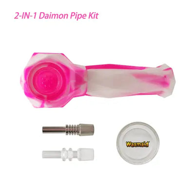 Pink and white silicone Waxmaid Daimon 2-in-1 hand pipe and nectar collector kit