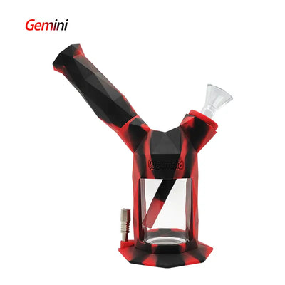 Uniquely shaped red and black Waxmaid Gemini 2-in-1 water pipe with silicone sleeve