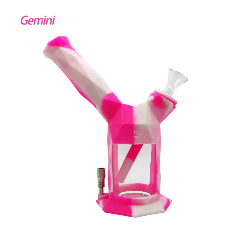 Pink and white Waxmaid Gemini 2-in-1 Water Pipe and Nectar Collector with Y-shaped design