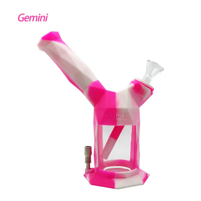 Pink and white Waxmaid Gemini 2-in-1 Water Pipe and Nectar Collector with Y-shaped design