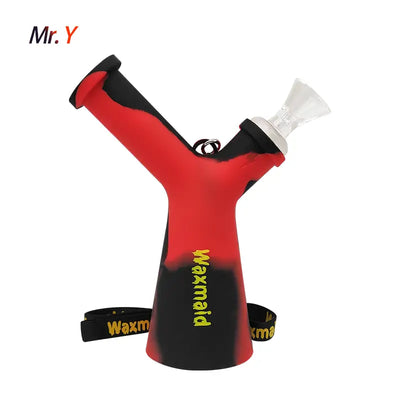Red and black Y-shaped Waxmaid silicone water pipe with glass mouthpiece