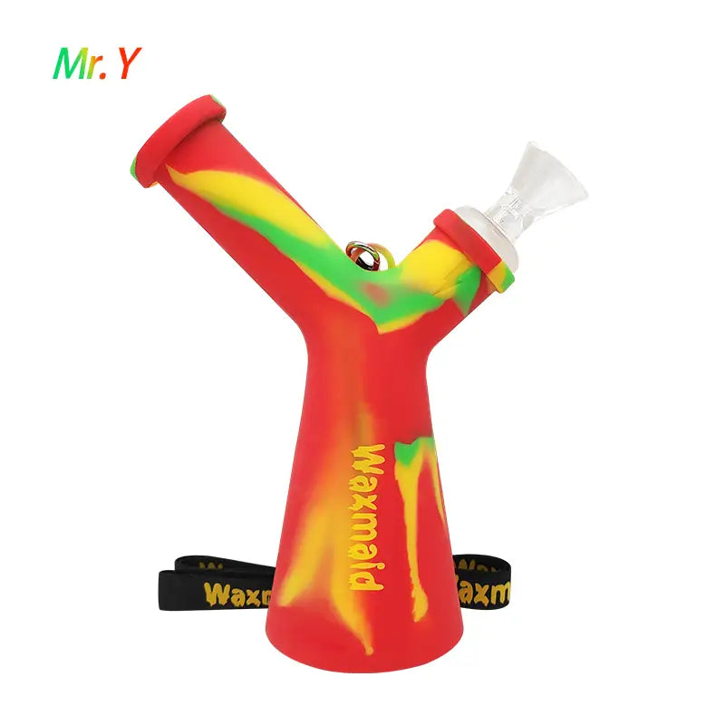 Vibrant Y-shaped Waxmaid silicone water pipe with glass mouthpiece